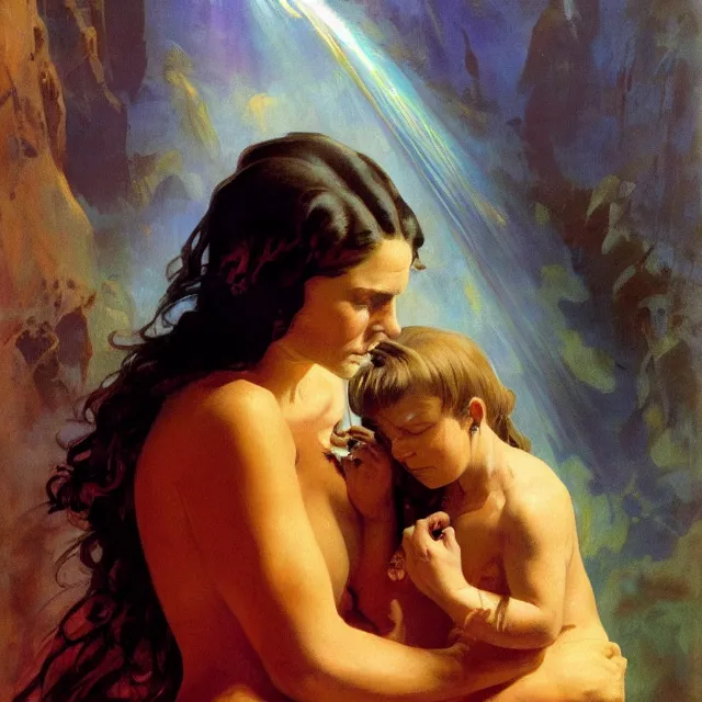 Prompt: an aesthetic! detailed portrait of an aesthetic woman crying mournfully while holding a child, by frank frazetta, oil on canvas, bright colors, art nouveau, epic composition, dungeons and dragons fantasy art, hd, god - rays, ray - tracing, crisp contour - lines, huhd - 8 k