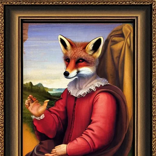 Prompt: the renaissance painting framed on a wall, except it is of an anthropomorphic male fox in a Victorian suit