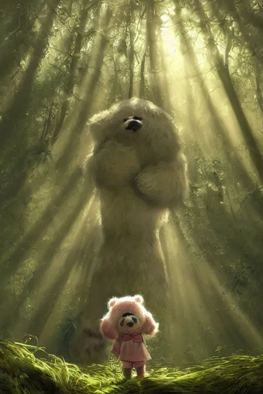 Image similar to mean fluffy teddybear protecting girl in a forest with rays of light coming through the canopy, masterpiece, dystopian, sci-fi, extremely detailed, digital painting, sculpted in zbrush, artstation, concept art, smooth, sharp focus, illustration, chiaroscuro lighting, golden ratio, incredible art, artgerm, greg rutkowski, alphonse mucha, simon stalenhag, carravaggio