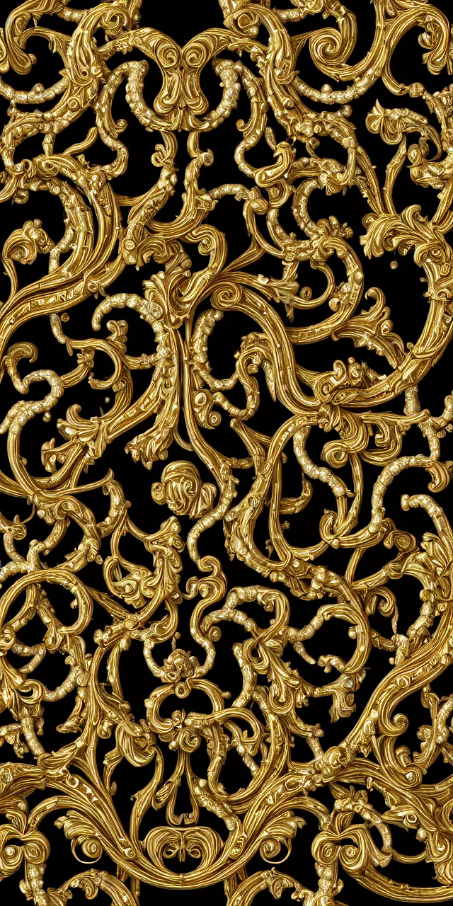 Image similar to subsurface scattering, seamless 3 d baroque gold and black pattern, beautiful dynamic shadows, gold silver iridescent pearls and swarovski crystals, symmetrical, rococo elements, damask, artstation, versace pattern, concept design art, octane render, 8 k