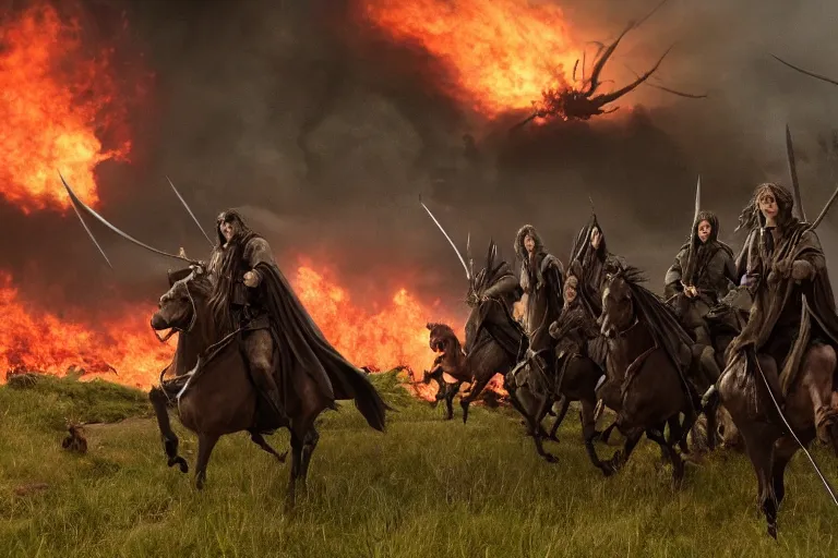 Image similar to film still of 3 Nazgûl, swords drawn, chasing hobbits through the shire as it burns, epic composition, intricately detailed, physically based render, screenshot from Lord of the Rings