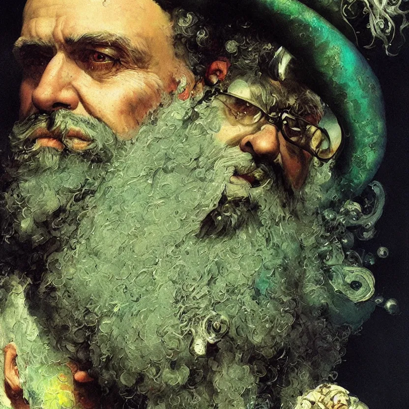 Prompt: baroque neoclassicist close - up portrait of an bearded sea captain with an intense gaze, underwater with alien sea creatures. iridescent textures. deep green and blue. highly detailed science fiction painting by norman rockwell, frank frazetta, and syd mead. rich colors, high contrast, gloomy atmosphere. trending on artstation and behance.