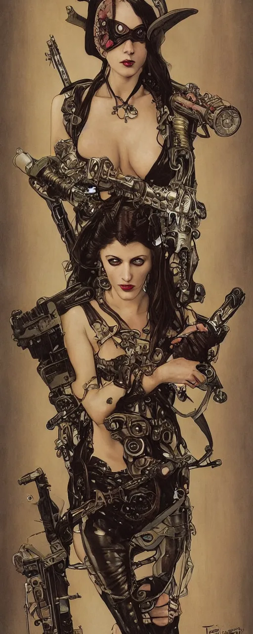 Image similar to striking sensual indudtrial art nouveau style portrait of cristina ricci as an cyberpunk heavy metal rebel soldier by travis charest, simon bisley and alphonse mucha, photorealism, extremely hyperdetailed, perfect symmetrical facial features, perfect anatomy, ornate declotage, weapon, latex, excited expression, wild eyes