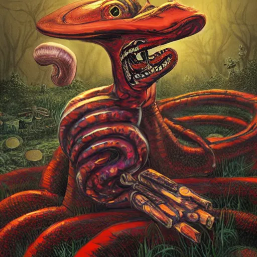 Image similar to A centered chest up portrait of a psychedelic demonic anthropomorphic snake smoking a hand-rolled cigarette smoking heavily , magic mushroom village in background , award winning. superb resolution. in the art style of junji Ito and greg rutkowski . Detailed Mushroom city in background. Hyper realistic anime. Perfect art. Dalle2