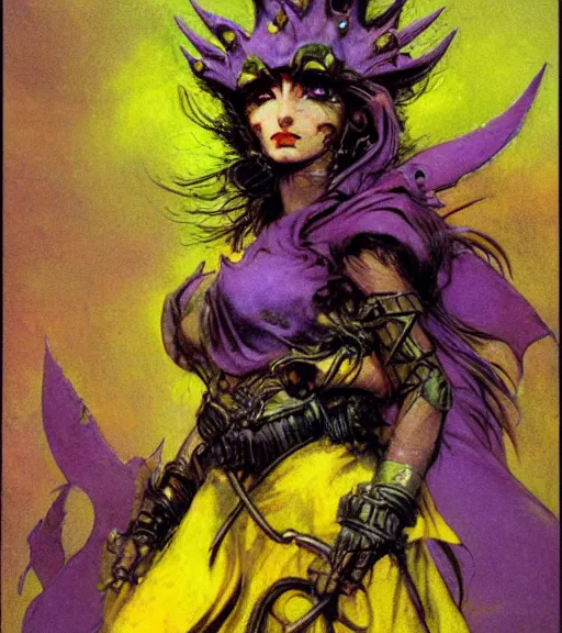 Image similar to evil princess of the wasteland, scrap metal headdress, strong line, vivid neon color, yellow purple, cloudy sky, beautiful! coherent! by brian froud, by frank frazetta, low angle