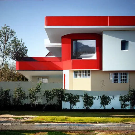 Image similar to view of a house from the street. style: retro futurism