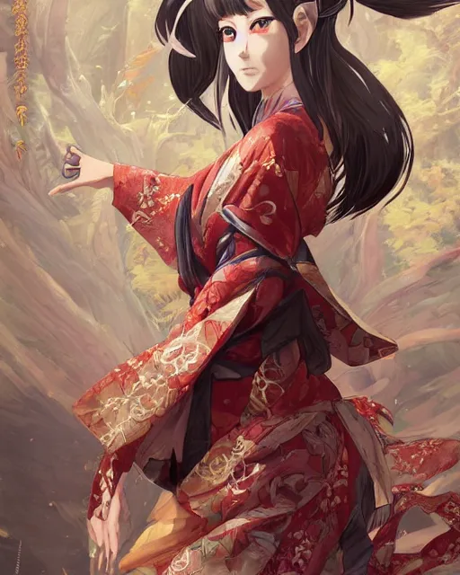 Image similar to An anime portrait of Ssunbiki as a beautiful kitsune woman wearing a kimono from Skyrim, by Stanley Artgerm Lau, WLOP, Rossdraws, James Jean, Andrei Riabovitchev, Marc Simonetti, and Sakimichan, trending on artstation