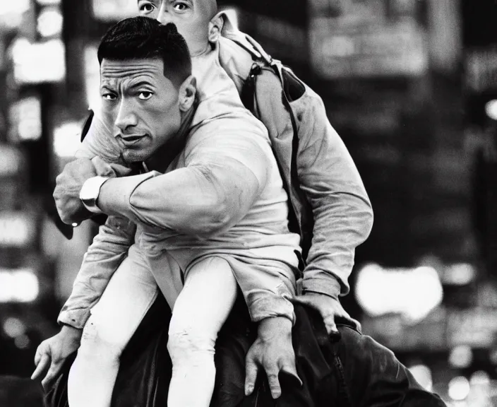 Image similar to Dwayne the Rock Johnson riding on the back of Adam Sandler, doing Methamphetamine at Times Square, photograph by Alfred Eisenstaedt, 4K, dramatic lighting; 4K 8K