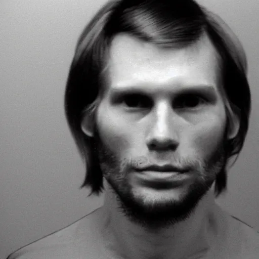 Image similar to A mugshot portrait of a man who looks like Jerma985 with medium length wavy hair, a combover and wearing late 1970s menswear in the late 1970s, taken in the late 1970s, grainy, realistic, hyperrealistic, very realistic, highly detailed, very detailed, extremely detailed, detailed, digital art, trending on artstation, front facing, front view, headshot and bodyshot, detailed face, very detailed face