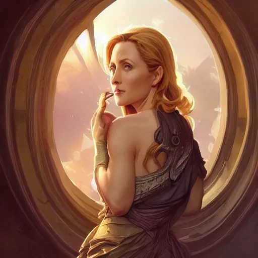 Image similar to gillian anderson, d & d, fantasy, intricate, elegant, highly detailed, digital painting, artstation, concept art, matte, sharp focus, illustration, hearthstone, art by artgerm and greg rutkowski and alphonse mucha