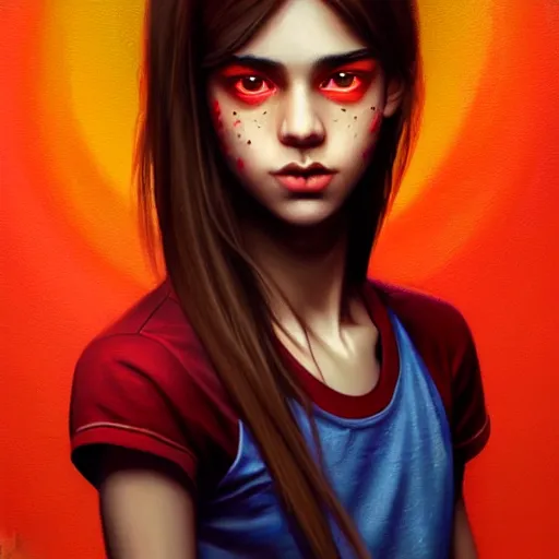 Image similar to colorful and festive captivating teenager with straight brown hair covering his eye, dark skin, big lips, big eyes, wearing a red t - shirt. rich vivid colors, ambient lighting, dynamic lighting, 4 k, atmospheric lighting, painted, intricate, highly detailed by charlie bowater