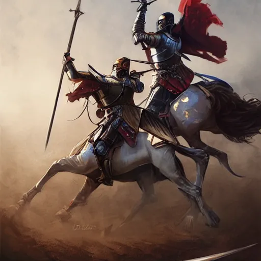 Image similar to two mounted knights tilting lances against each other in a jousting arena, art by artgerm and greg rutkowski and magali villeneuve, d & d, fantasy, highly detailed, digital painting, trending on artstation, concept art, illustration