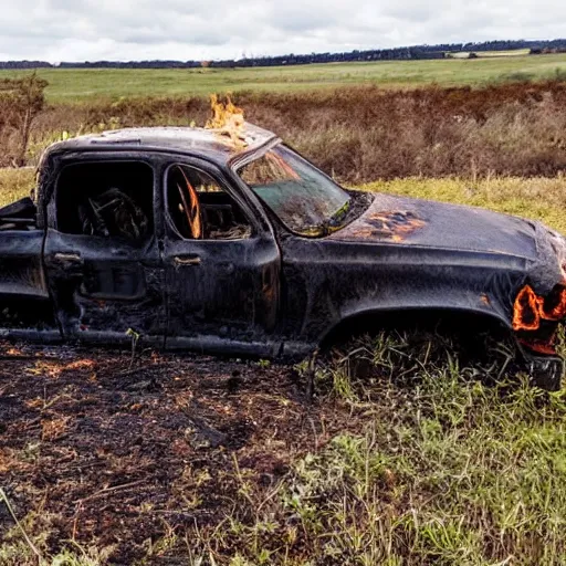 Image similar to burnt out pickup truck on fire in a field