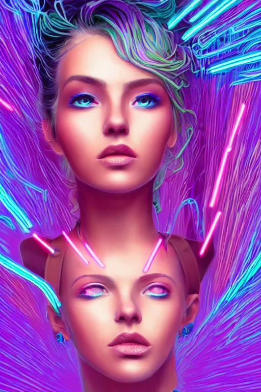 Image similar to a award winning half body portrait of a beautiful woman with stunning eyes in a croptop and cargo pants with ombre purple pink teal hairstyle and hands in pockets by thomas danthony, surrounded by whirling illuminated lines, outrun, vaporware, shaded flat illustration, digital art, trending on artstation, highly detailed, fine detail, intricate