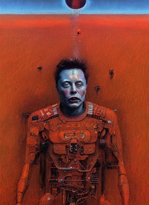 Image similar to A painting of Elon Musk in style of Beksinski. Very detailed