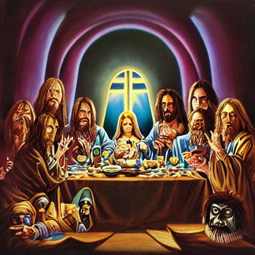 Image similar to the lord's supper, jesus accompanied by undeads in iron maiden album cover style