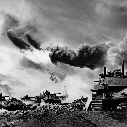 Image similar to black and white photo Dragons in Battle of Kursk WWII, dragons flying, tanks