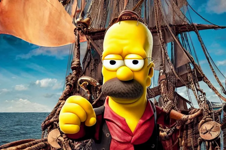 Image similar to promotional image of Homer Simpson as a pirate in the new Pirates of the Carribean movie, realistic, detailed face, movie still frame, promotional image, imax 70 mm footage