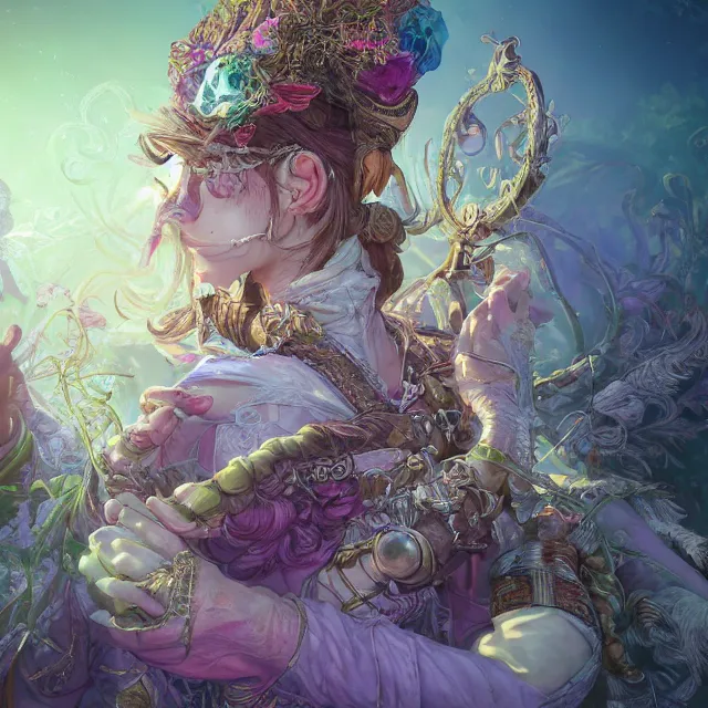 Image similar to the portrait of chaotic good female druid alchemist as absurdly beautiful, gorgeous, elegant, gravure idol, an ultrafine hyperdetailed illustration by kim jung gi, irakli nadar, intricate linework, sharp focus, bright colors, octopath traveler, final fantasy, unreal engine 5 highly rendered, global illumination, radiant light, detailed and intricate environment