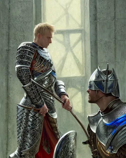 Prompt: attractive arthur pendragon confesses his love to his attractive male knight, they are close to each other, in a quiet moment highly detailed, very intricate, cinematic lighting, by donato giancola and rossdraws and magali villenueve, featured on artstation