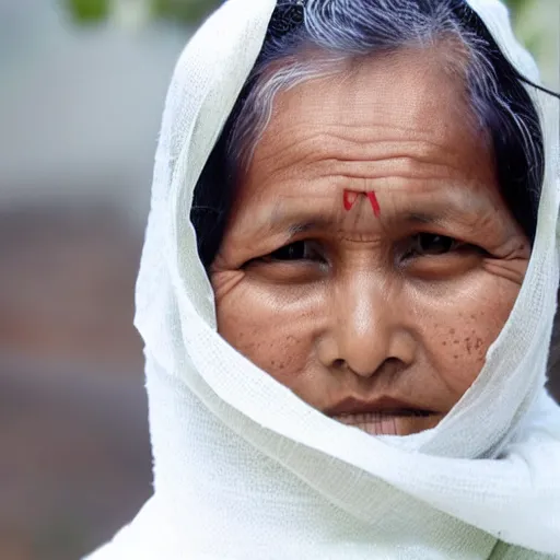 Image similar to a nepali woman wearing a white shawl, realistic