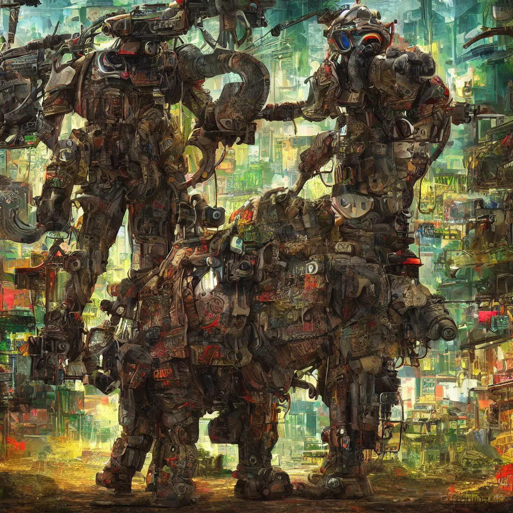 Prompt: war cyberpunk elephant with machine gun mounted in a vivid color jungle, 4 k, detailed, digital art