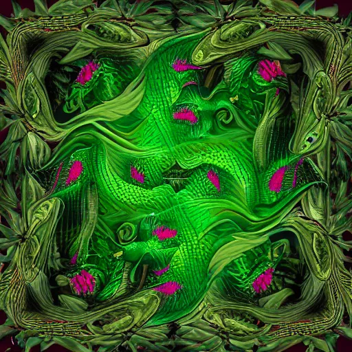 Image similar to rhaegal, green dragon, surrounded by rosebuds in fractal patterns