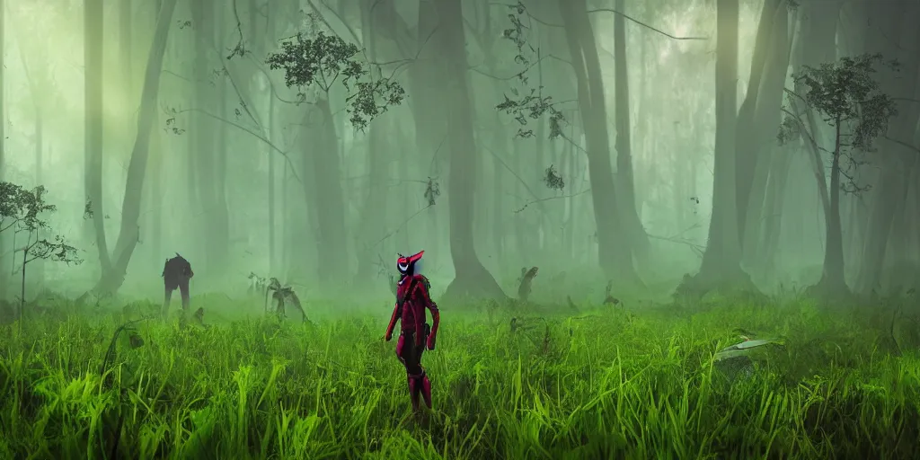 Image similar to inside of alien lush summer green landscape of human mind and imagination of a beautifully strange a gamekeeper wearing a solarpunk mechanical fluorescent mystical animal mask and red hoods. walking in the misty swamp. in style of fornite game. morning fog, matte painting, beautiful render, octane render, concept art