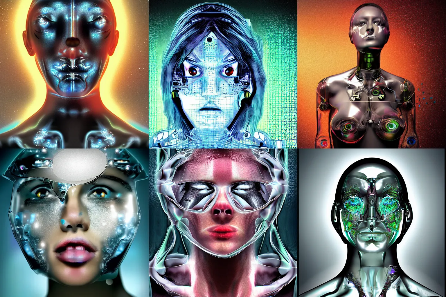 Prompt: glass cyborg in ecstasy, climax, photorealistic, digital art