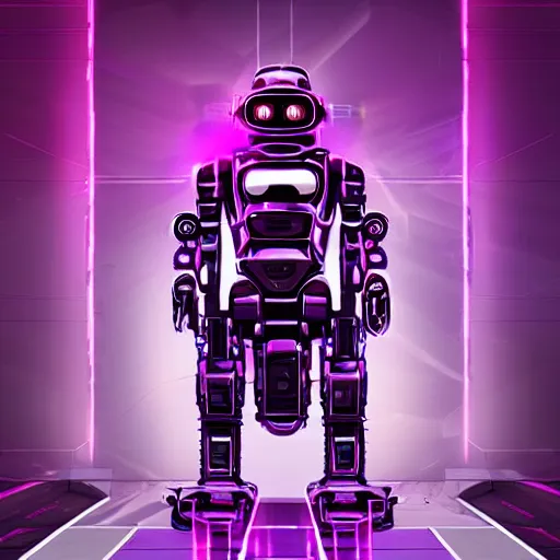 Image similar to hyperrealistic cyberpunk style poster with a robot, purple color theme, dramatic lighting