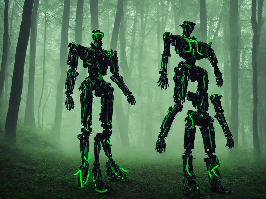 Prompt: a hyperdetailed humanoid mecha with a biomechanical neon green organic exoskeleton walking through a deep, foggy forest hd 35mm photography, octane render, cinematic 4k