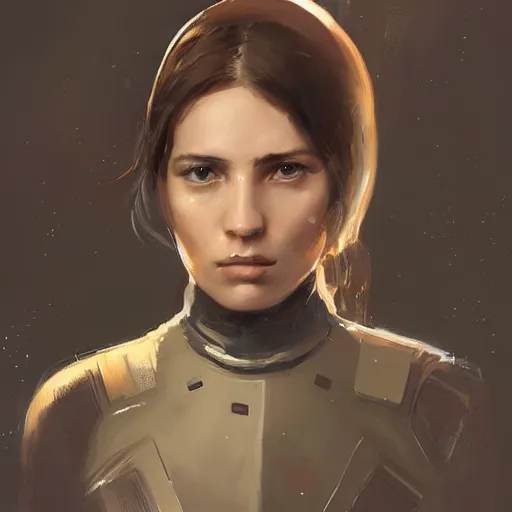 Image similar to Portrait of a woman by Greg Rutkowski, she is about 20 years old, round face, mixture turkish and russian, dark blonde hair with two strands around her face, attractive, sad and melancholy gaze, she is wearing a futuristic tactical space suit, highly detailed portrait, scifi, digital painting, artstation, concept art, smooth, sharp foccus ilustration, Artstation HQ.