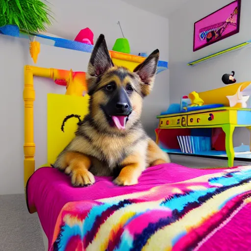 Image similar to eye - level view, in a child's bedroom filled with toys, a super cute gsd runs around in circles on an unmade bed. a colorful comforter is on the bed. hilarious, funny, back to school comedy, cg animation, 3 d octane render, imax 7 0 mm,