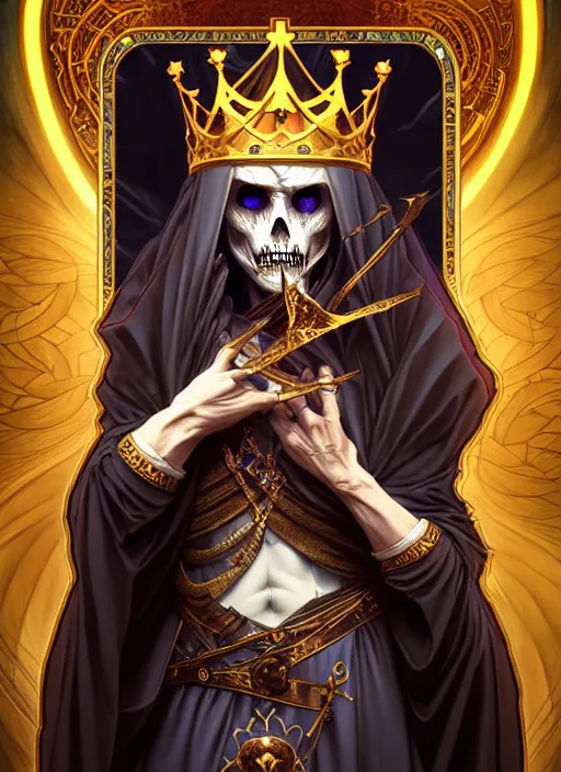 Image similar to undead king, tarot card, highly detailed, deep focus, elegant, digital painting, smooth, sharp focus, illustration, ultra realistic, 8 k, art by artgerm and alphonse mucha