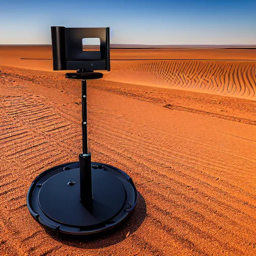 Image similar to peaceful mobile biomimetic rugged anemometer station sensor antenna on all terrain tank wheels, for monitoring the australian desert, XF IQ4, 150MP, 50mm, F1.4, ISO 200, 1/160s, dawn, golden ratio, rule of thirds