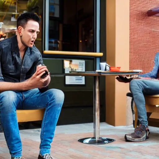 Image similar to a man sitting outside a restaurant with his tv, friend is angry,