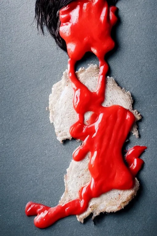 Prompt: melanie laurent made out of ketchup, ketchup in the shape of a human being, professional food photography