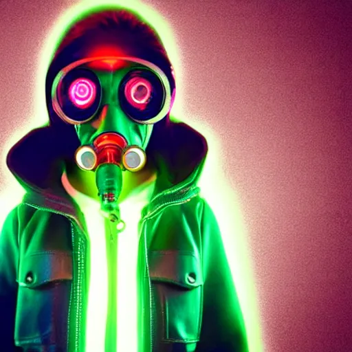 Prompt: Fashionable cyberpunk girl in a leather jacket with a hood wears a gas mask with goggles, filters. Colorful 3d render of a human skull with a cross in the eyes, glowing green wires on the night bokeh in the city.