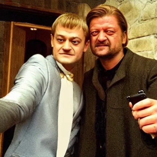 Image similar to “Joffrey Baratheon, taking a selfie with Ned Stark”