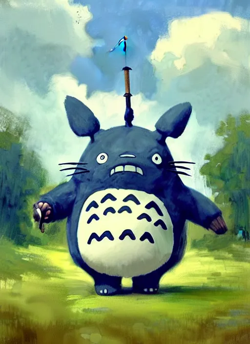 Image similar to portrait of adorable life size Totoro with umbrella, countryside near forest, calm, fantasy character portrait, dynamic pose, above view, sunny day, thunder clouds in the sky, artwork by Jeremy Lipkin and Giuseppe Dangelico Pino and Michael Garmash and Rob Rey, very coherent asymmetrical artwork, sharp edges, perfect face, simple form, 100mm