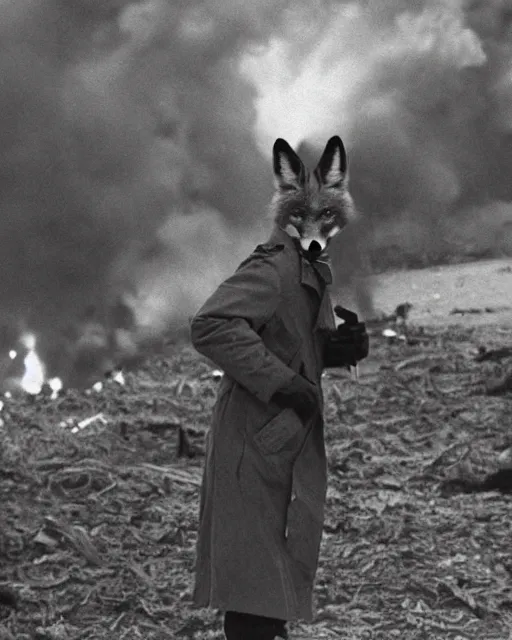 Image similar to a fox in a black trench - coat, smoking a cigarette in front of a huge explosion in the middle of a war, style of anime