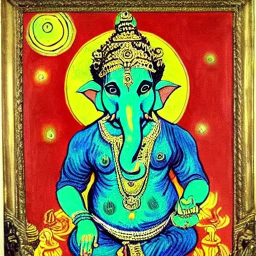 Image similar to hindu god ganesha, van gogh's stary night