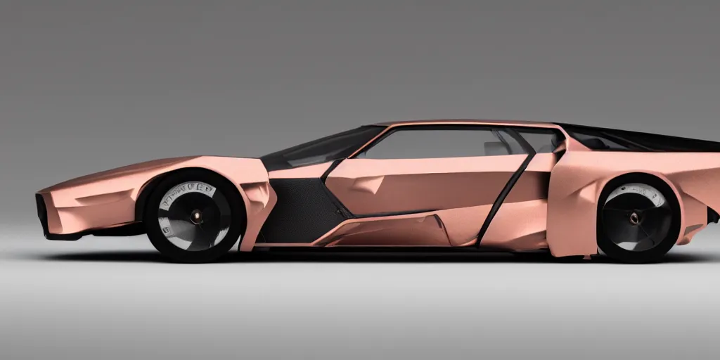 Image similar to a design of a futuristic DMC Delorian, designed by Polestar, blade runner background, back view, rose copper car paint with white line accent detailing, black windows, sportscar, black show room, dramatic lighting, hyper realistic render, depth of field.