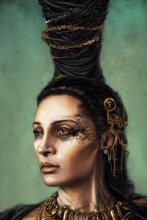 Prompt: portrait, headshot, digital painting, of a 17th century, beautiful, middle aged, middle eastern, wrinkles, decadent, cyborg noble woman, dark hair, piercings, chains, tribal scars, amber jewels, baroque, ornate dark green opulent clothing, scifi, futuristic, realistic, hyperdetailed, concept art, dramatic backlighting, golden hour, cinestill, art by syd mead