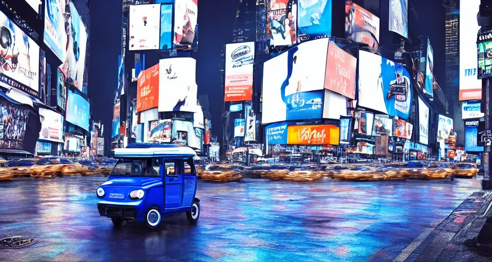 Prompt: a blue and white tuk tuk in times square, night, lofi, rainy day, mood, octane render, light leaks 4 k premiere pro, hyper realistic -