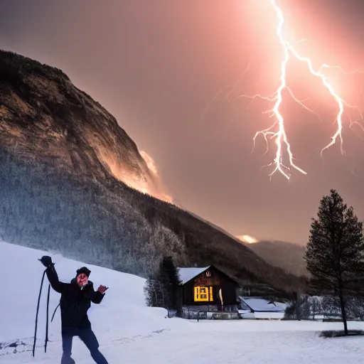 Image similar to Jonas Gahr Støre powering Norwegian village by shooting lightning out of his hands, glowing eye