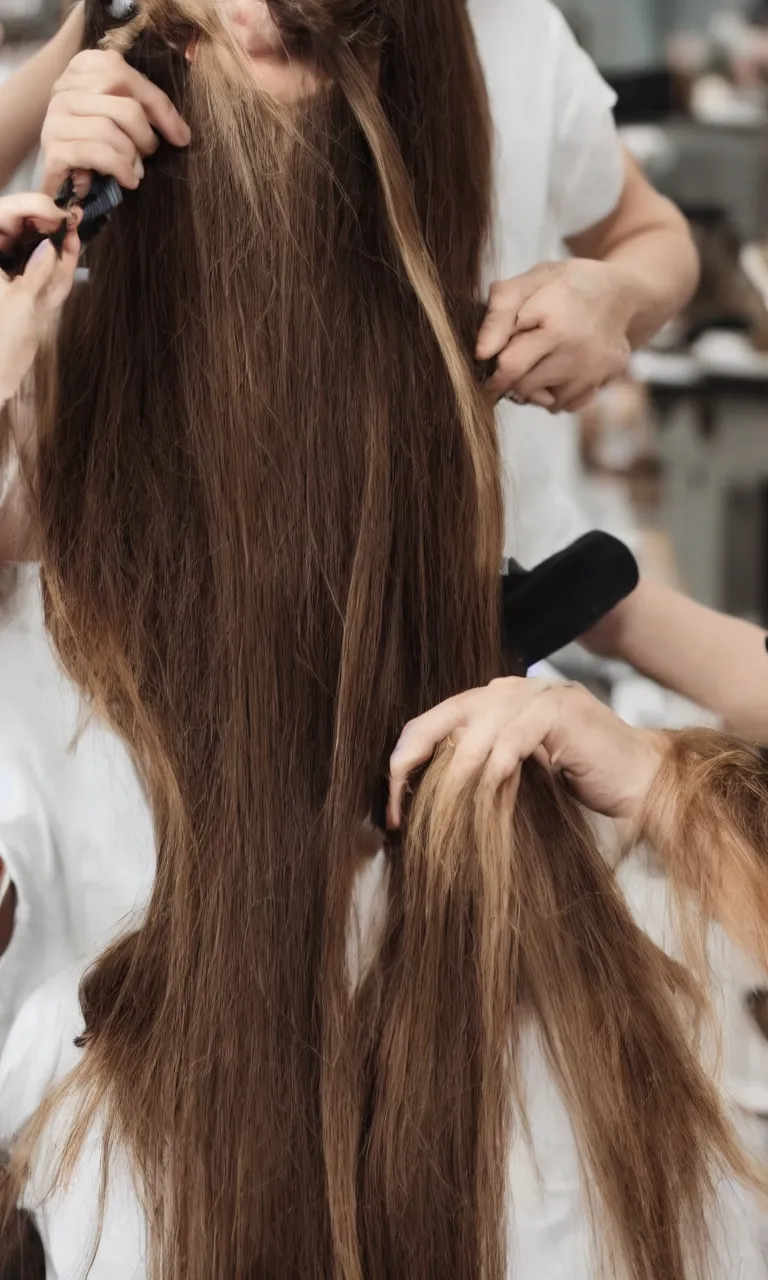 Prompt: woman with long hair getting haircut, studio, hair blog