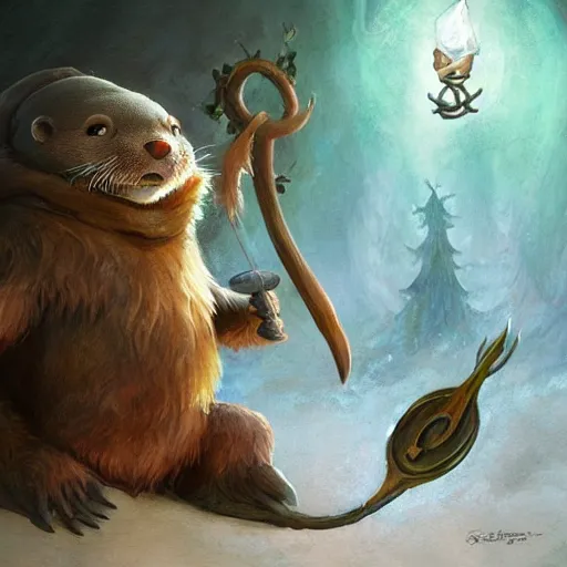 Image similar to anthropomorphic druidic otter casting a spell, DnD character art portrait, matte fantasy painting, DeviantArt Artstation, by Jason Felix by Steve Argyle by Tyler Jacobson by Peter Mohrbacher, cinematic lighting