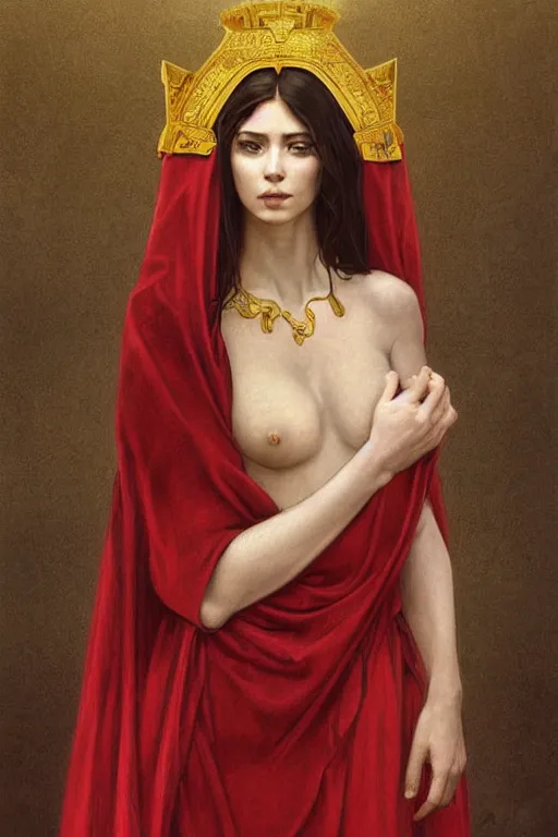 Image similar to Portrait of historically accurate, ancient biblical, pale, slim, shapely, young queen jezebel, wearing gilded red robes, long black hair, green eyes, intricate, elegant, highly detailed, digital painting, artstation, concept art, smooth, sharp focus, illustration, art by artgerm and greg rutkowski and alphonse mucha and andrei riabovitchev