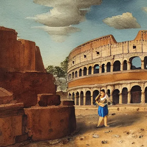 Image similar to a woman making lemonade in front of the colosseum, watercolor painting by da vinci, high detail, abstract